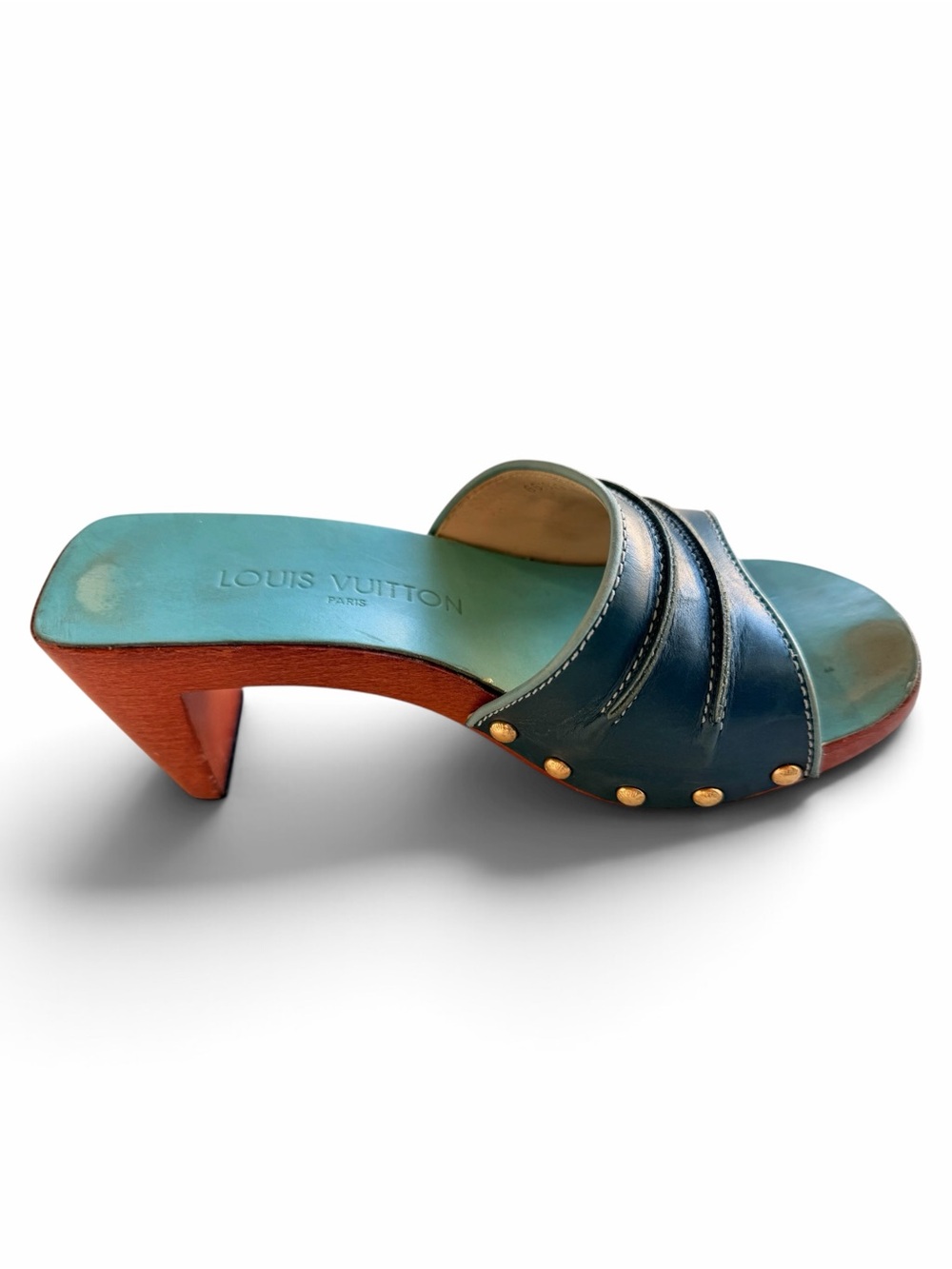 Louis Vuitton Vintage 1999 Studded Wooden Mules Clogs Teal Aqua 36 Y2K - Picture 2 of 9